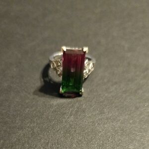 Sterling silver, .925, magenta and green watermelon stone, size 10 ring